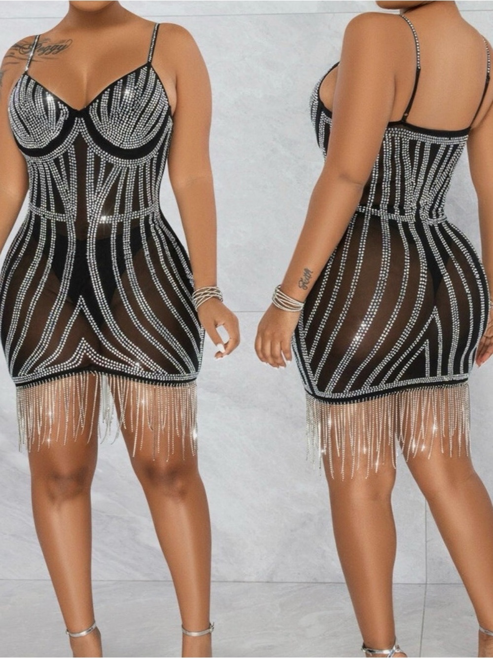 Sparkle Fringe Mesh Mini Dress - Black